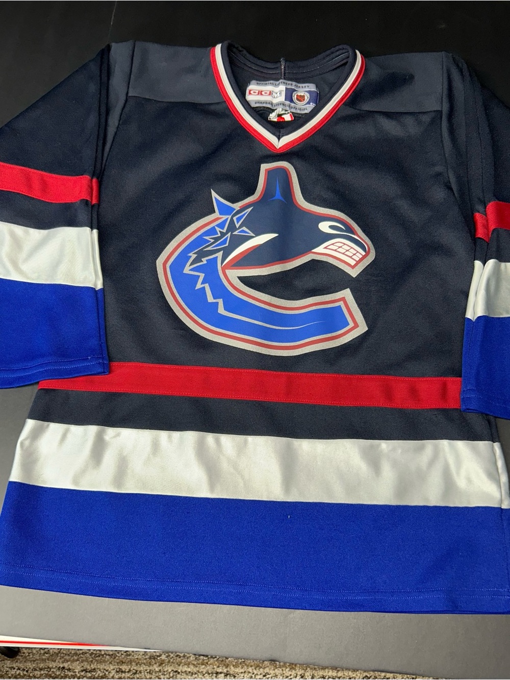 Vtg. CCM NHL Vancouver Canucks Navy, Blue & Red Hockey Jersey